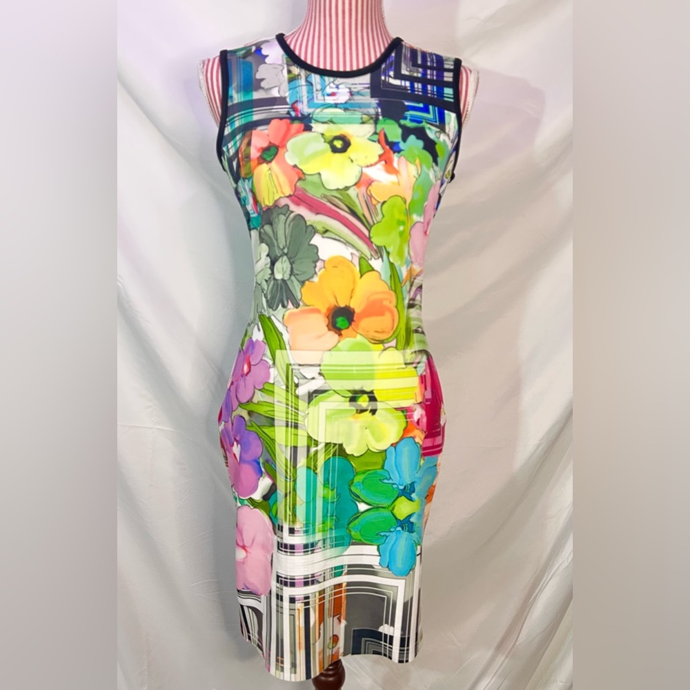 Cocoom Colorful Summer Floral Abstract Watercolor Sheath Bodycon Dress Sz Medium